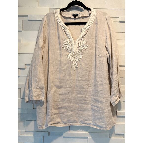 J.Jill Tops - J.JILL 100% Linen Embroidered Split Neck 3/4 Bell-Sleeve Tunic Tan Cream Boho 1X